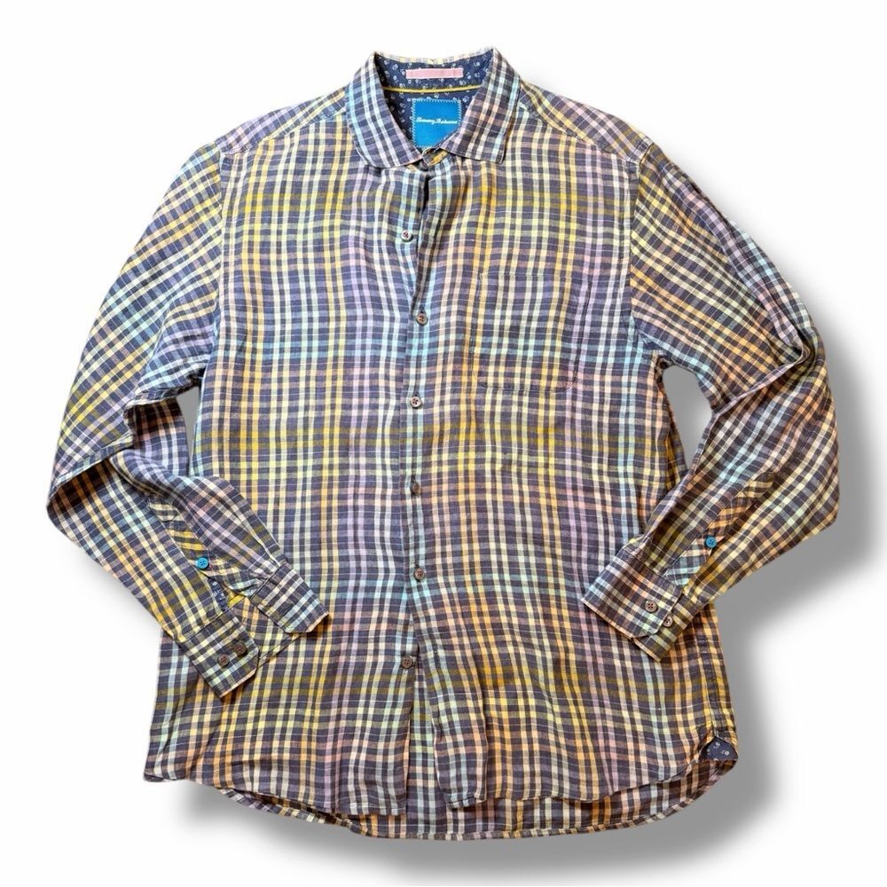 Tommy Bahama Men's Multicolor Plaid 100% Linen Button-Down Shirt Long Sleeve M